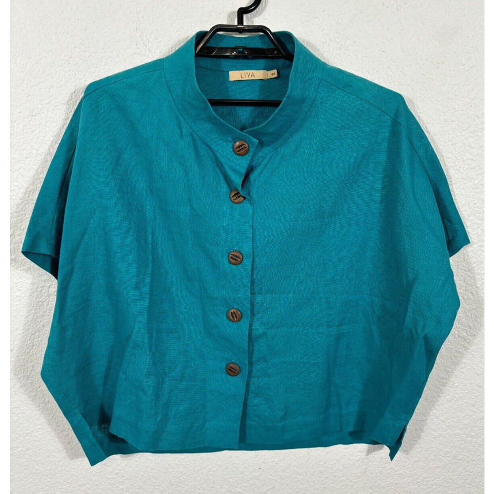 Liya Top Womens 44 Teal Short Sleeve Tapered Waist Button Up Linen Lagenlook